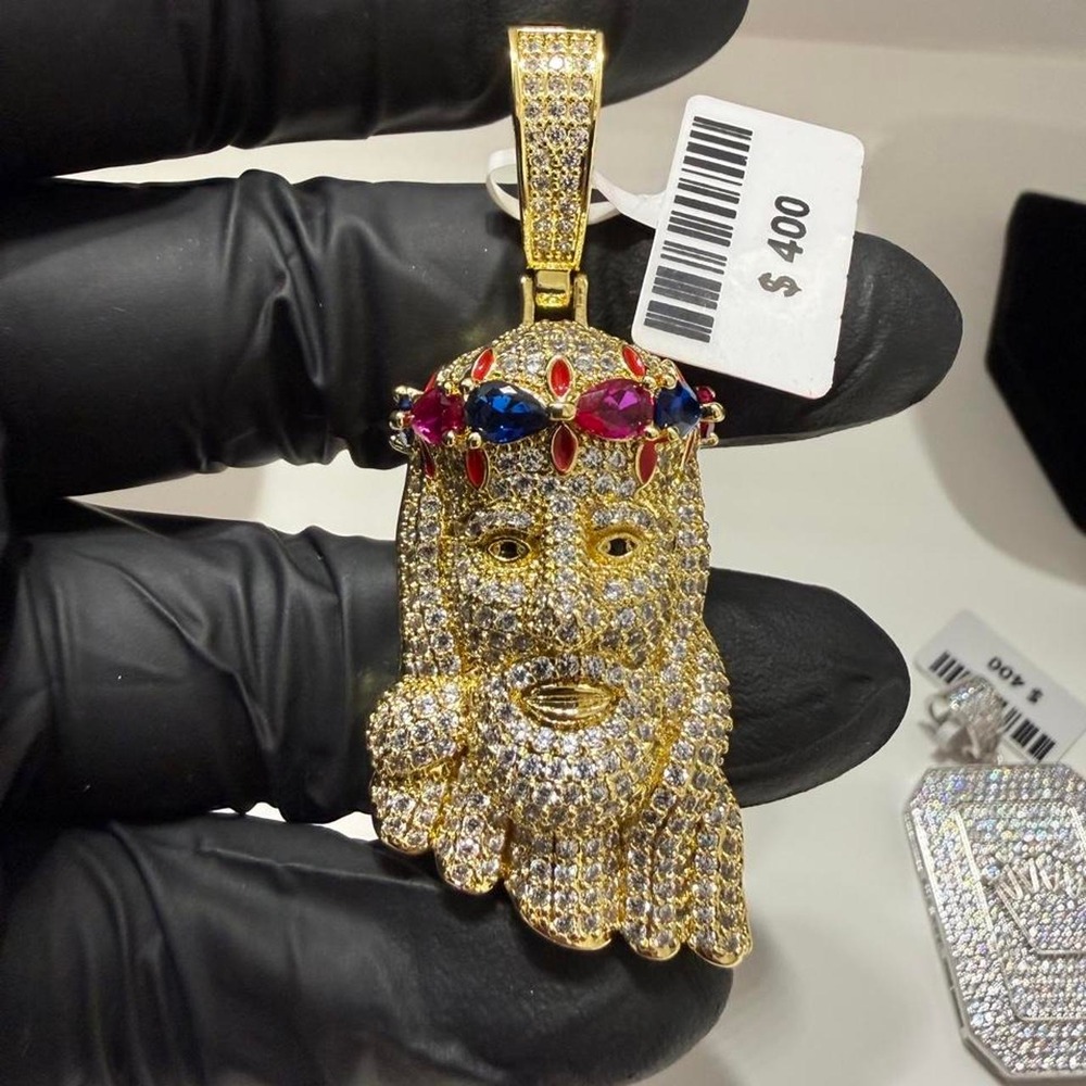 Jesus piece gold over stainless vvscz stones fits up to 7.5mm chain